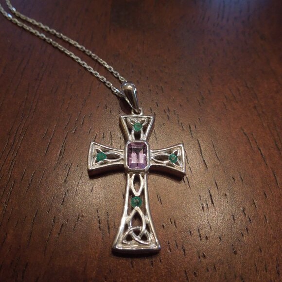 Sterling Silver Trinity Knot Cross 18" Necklace with Emerald and Amethyst - Picture 2 of 6
